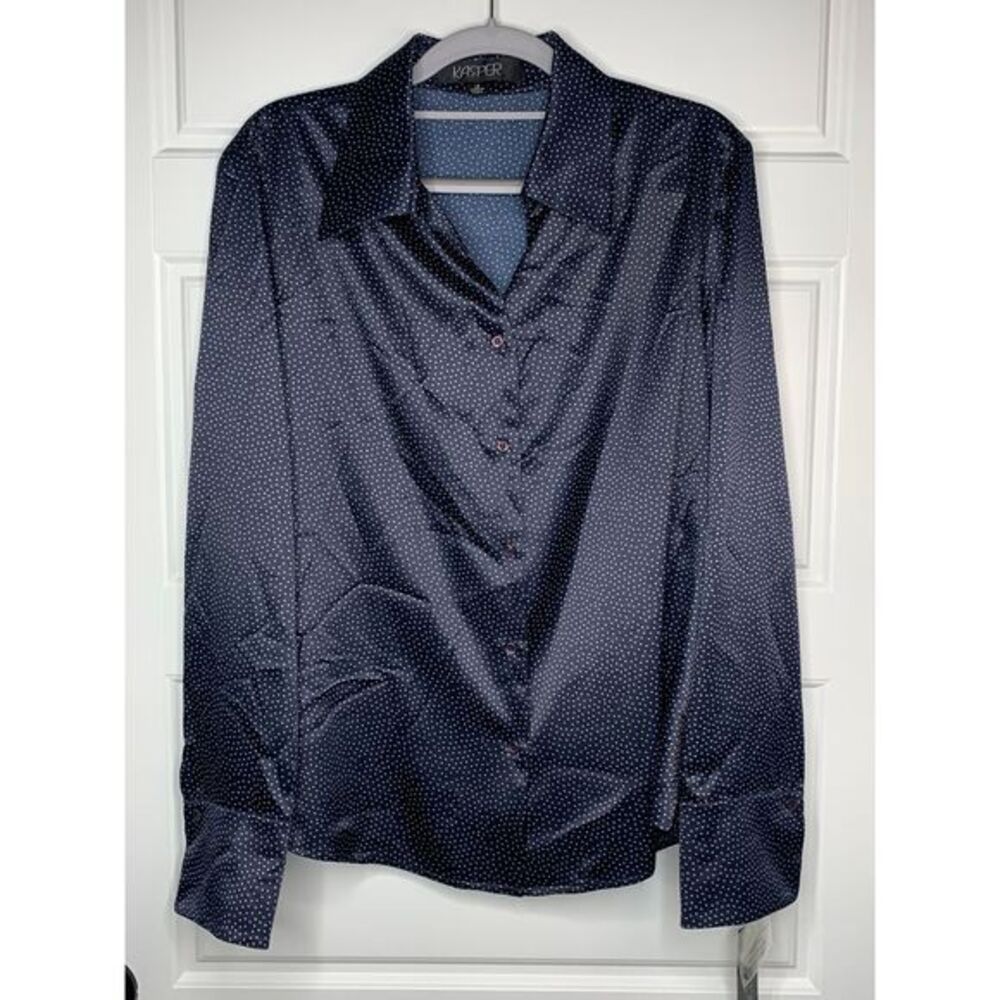 New Kasper Blouse Womens 12‎ Navy Polka Dot Button Up Long Sleeve Soft Collared